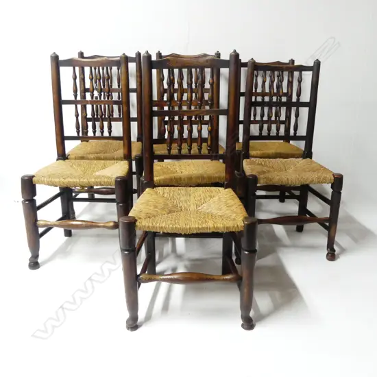 7 SPINDLE BACK CHAIRS, RUSH SEATS
