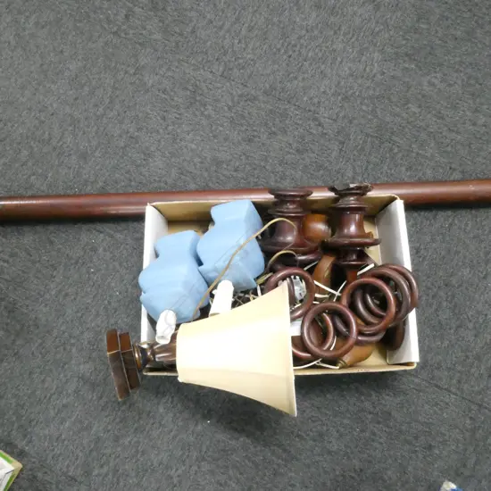 ASST. LAMPS + MAHOGANY CURTAIN ROD w. TURNED ENDS & HOOPS