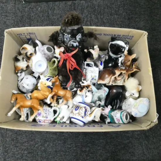 ASST. MINIATURE CHINA; TEAPOTS, DOGS, CATS, ELEPHANTS etc