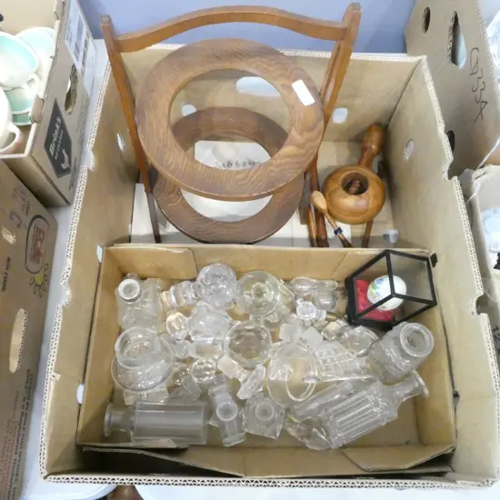 ASST. CRYSTAL/GLASSWARE STOPPERS & FLASKS, WOODWARE, etc