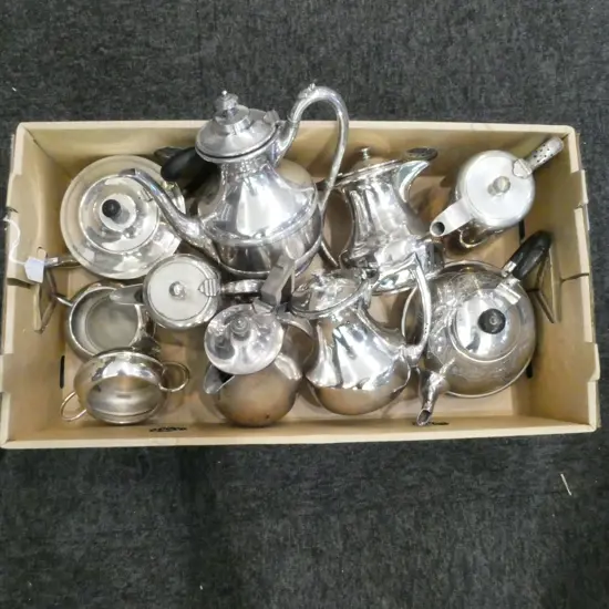 TEN VINTAGE SILVER PLATED TEAPOTS ETC 