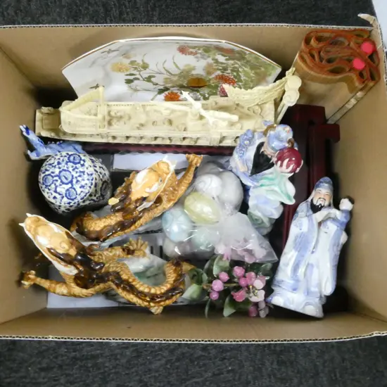 ASST. CHINESE CHINA FIGURES/ORNAMENTS, PLASTIC DRAGON BOAT, HARDSTONE EGGS etc
