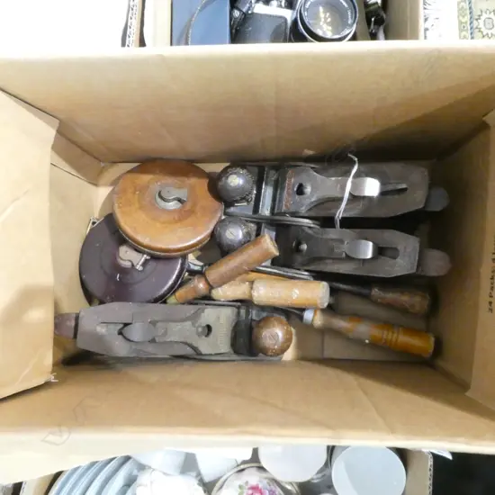 ASST. VINTAGE TOOLS; PLANES, CHISELS, TAPE MEASURES ETC