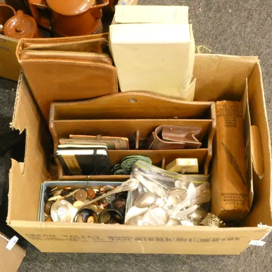 WOODEN DESK ORGANISER, BUTTONS, CUTLERY, EP NAPKIN RINGS ETC