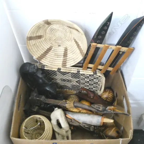 COLLECTION OF TRIBAL PIECES, MASK,SCULPTURE,COMBS,BASKETS,MODEL CANOE