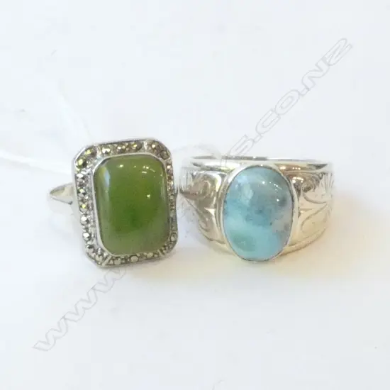 2 STG RINGS; GREENSTONE & MARCASITE size S / TURQUOISE ? SIZE U