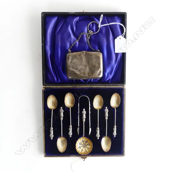 STERLING SILVER TEASPOON SET WITH TONGS AND SIFTER APPROX 60gms & STERLING PURSE APPROX 50gms