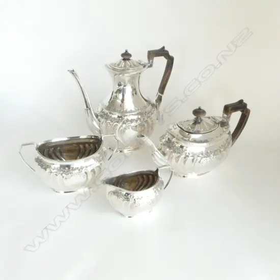 5 PCE STG SILVER TEA & COFFEE SERVICE: COFFEE POT + TEA POT + SUGAR & CREAM, Sheffield 1894, 1717gms