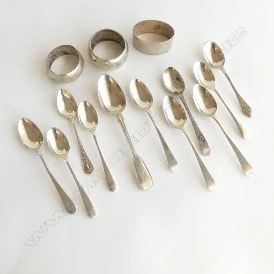 11 STG SILVER TEASPOONS + 3 NAPKIN RINGS, 217grms