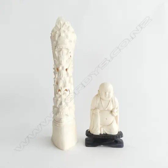 CARVED IVORY BUDDHA w. INDONESIAN BONE CARVING H.220mm