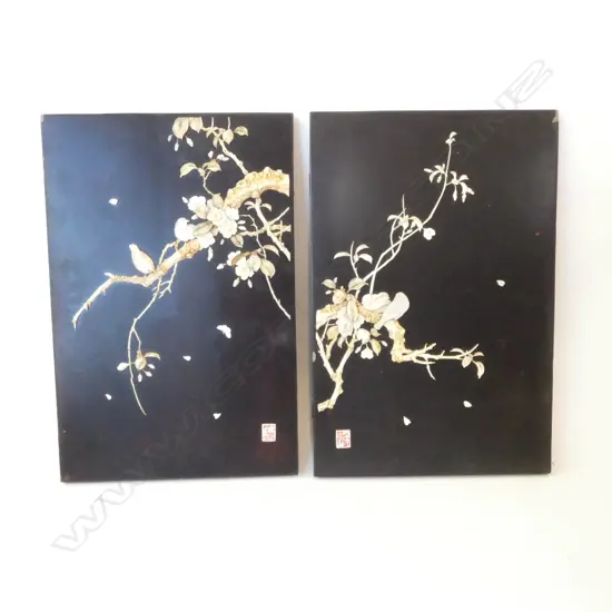TWO c.1900 QUALITY JAPANESE PANELS, LACQUERED WOOD WITH APPLIED BONE IVORY & MOP BIRDS AMONGST FOLIAGE, 450 x 300mm 