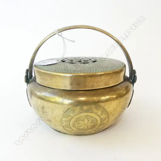ORIENTAL LIDDED BRASS CONTAINER / INCENCE BURNER 165mm dia