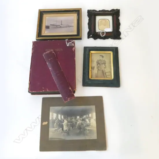 4 OLD PICTURES CARPENTERS WORKSHOP 19THC GENTLEMEN & LADY & SHIP 'POYANG'  WITH LARGE ALBUM OF POSTCARDS MANY CHINA  HON