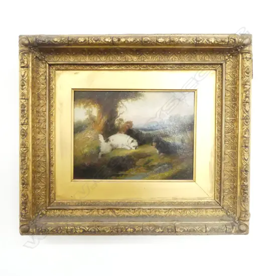 3 CAIRN TERRIERS, SIGNED & DATED 1873, OIL ON CANVAS 140x190mm