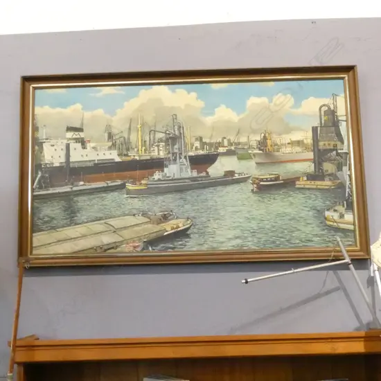 C. CORRELLII, HARBOUR SCENE w. BOATS, OIL ON BOARD 590x1110mm