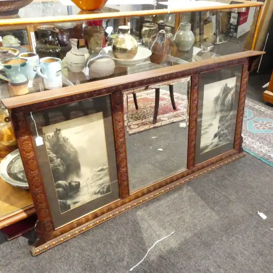 LG CARVED OVERMANTLE MIRROR w. 2 COASTAL PRINTS 690x1420mm