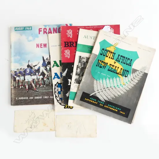 5 N.Z. 1950/60s RUGBY MATCH BOOKLETS & SIGNATURES; Including Don Clarke signature...