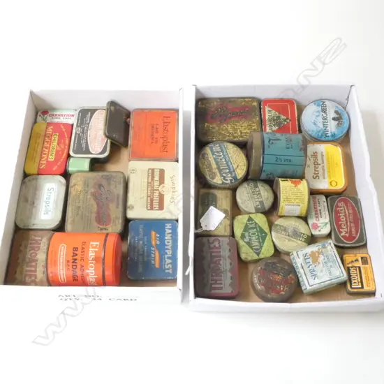 COLLECTION OF 29 VINTAGE MEDICINE TINS IN TWO TRAYS 