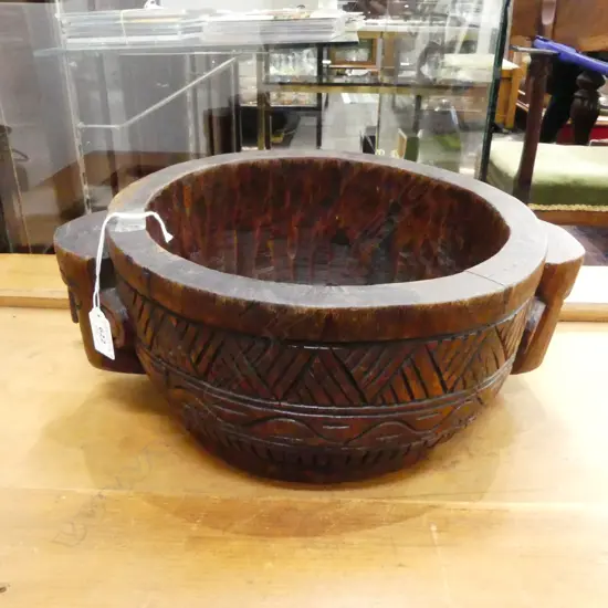 TRIBAL CARVED WOODEN BOWL W.390mm