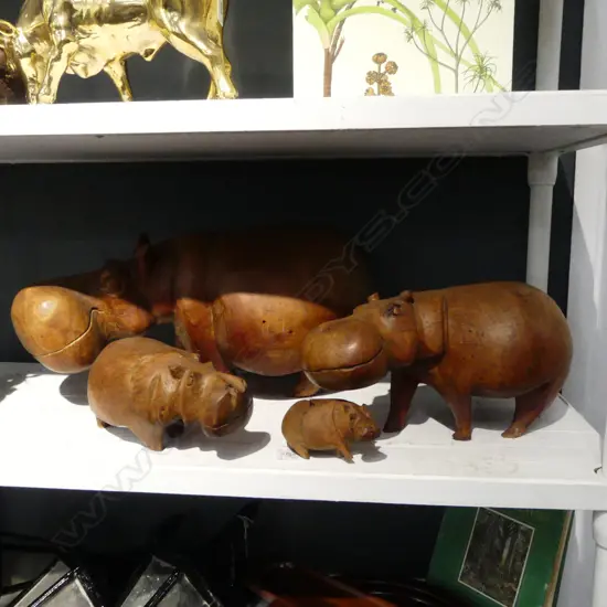 4 CARVED WOODEN HIPPOS L.500mm