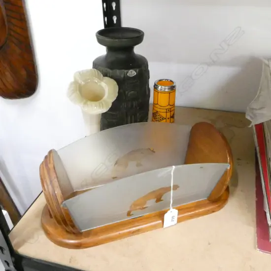 3 VASES; 'KERAMIK' H.250mm, BELEEK (HAIRLINE) Now repaired, ORANGE GLASS w. STG TRIM + DECO CONTAINER W.340mm