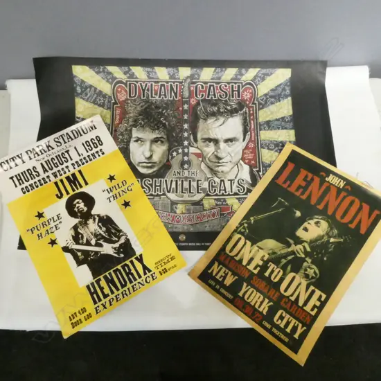 3 REPRO ROCK CONCERT POSTERS; JOHN LENNON, BOB DYLAN, JIMI HENDRIX 550x360mm