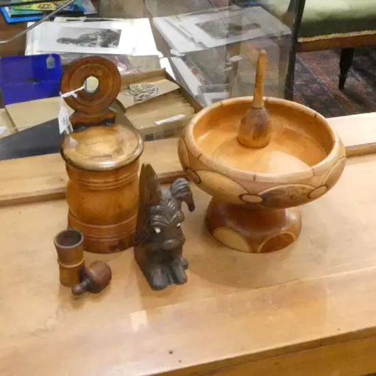 6 PCES TREEN; SALT PIG H.260mm, COMPORT 235mm dia ETC