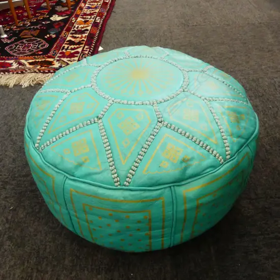 TEAL LEATHER POUF 420mm dia AF 1 SEAM LOOSE