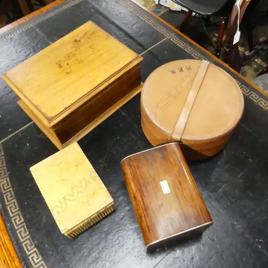 4 CONTAINERS; LEATHER COLLAR BOX 200mm dia, 2 WOODEN, 1 MARBLE