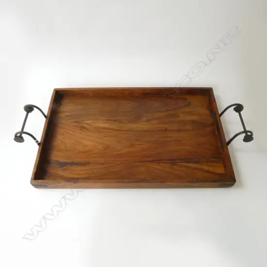 WOODEN BUTLERS TRAY WITH WROUGHT IRON HANDLES, L.540MM W.340MM