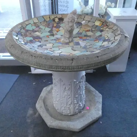 LG CONCRETE PEDASTAL BIRD BATH w. MOSAIC BOWL Aprox. 930mm