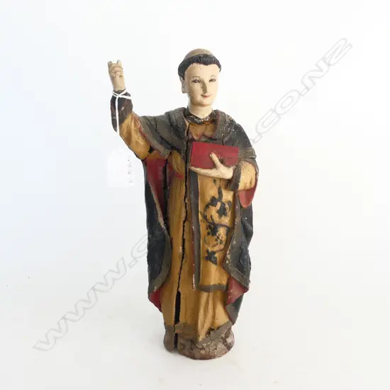 DISTRESSED VINTAGE PAINTED WOODEN RELIGIOUS STATUE DEPICTING ST VINCENT H.320mm