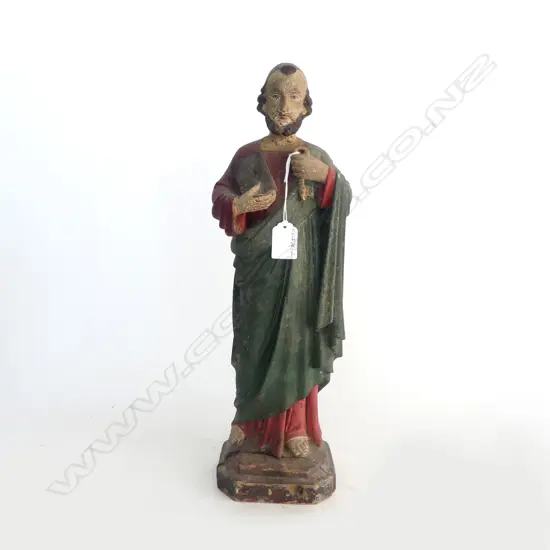 DISTRESSED VINTAGE PAINTED WOODEN RELIGIOUS STATUE DEPICTING ST PETER H.440mm