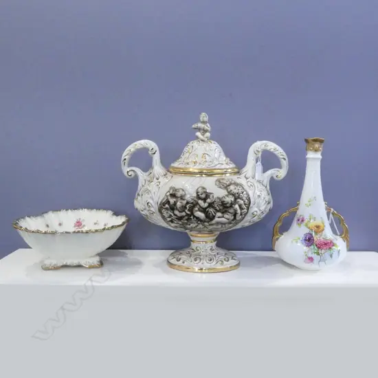 CAPODIMONTE CENTERPIECE H.320mm, POINTONS HAND PAINTED VASE H.270mm & DUCAL WARE BOWL