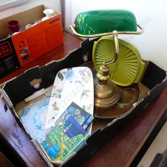 BANKERS LAMP (NEEDS REWIRING), TILE, PLATTERS, & HUNDERTWASSER DIARIES 