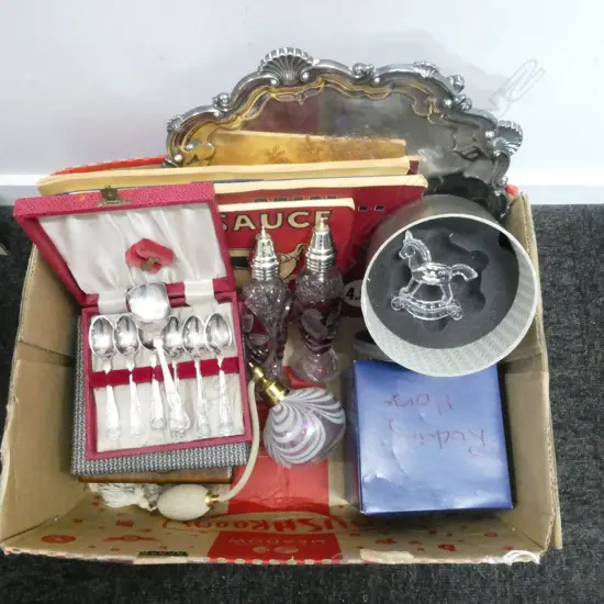 CASED CUTLERY, EP SALVER, 3 MINHINNICK CARTOONS, SWAROVSKI ROCKING HORSE BOXED, PERFUME BOTTLE ETC