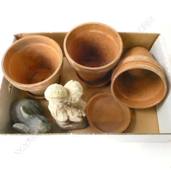 CONCRETE GARDEN RABBIT & STATUE, AND 4 TERRACOTTA POTS & SAUCERS 