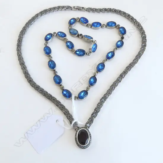 STILVER MARCASITE & GARNATE PENDANT NECKLACE L.245mm, PASTE 1930s COSTUME NECKLACE