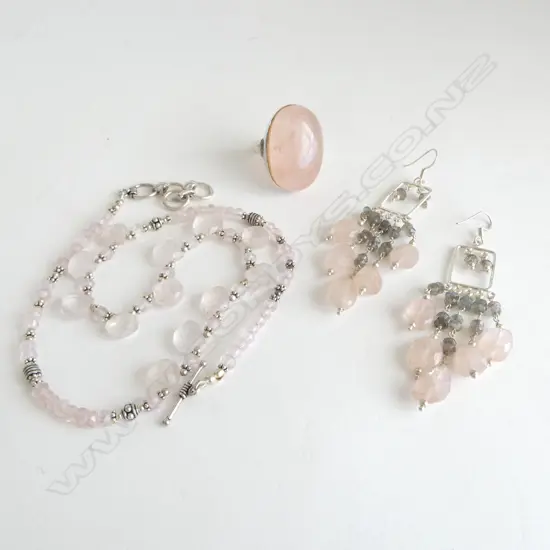 SET; SILVER & ROSE QUARTZ NECKLACE, RING & PR DROP EARRINGS