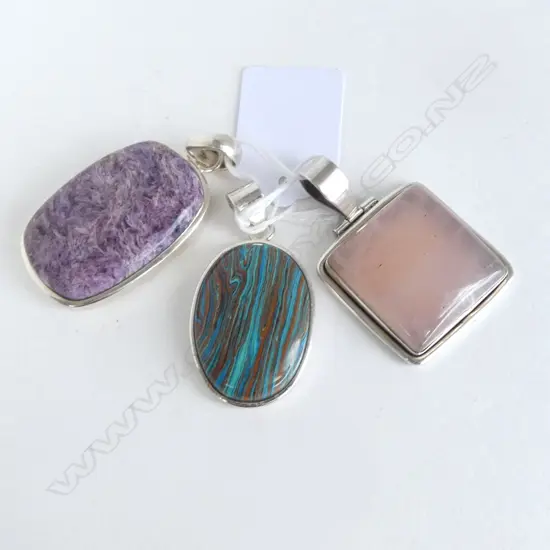 3 LG SILVER MALACHITE & QUARTZ PENDANTS