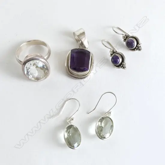 2 SETS; GARNET SET SILVER PENDANT & EARRINGS & GEM SET RING & PR EARRINGS