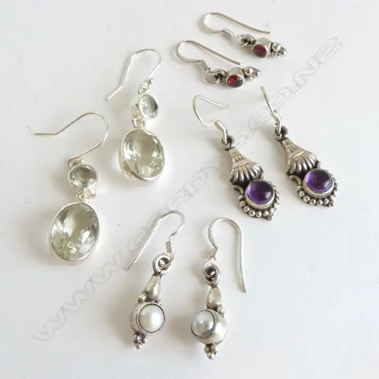 4 PRS SILVER GEM STONE & PEARL EARRINGS