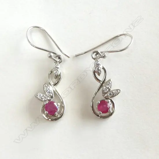 PAIR SILVER AND RUBY & CZ DROP EARRINGS