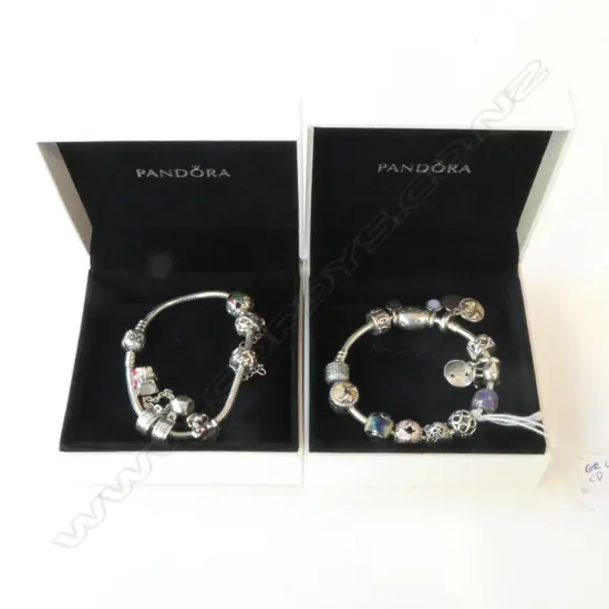 2 STG SILVER PANDORA BRACELETS + CHARMS w. BOXES
