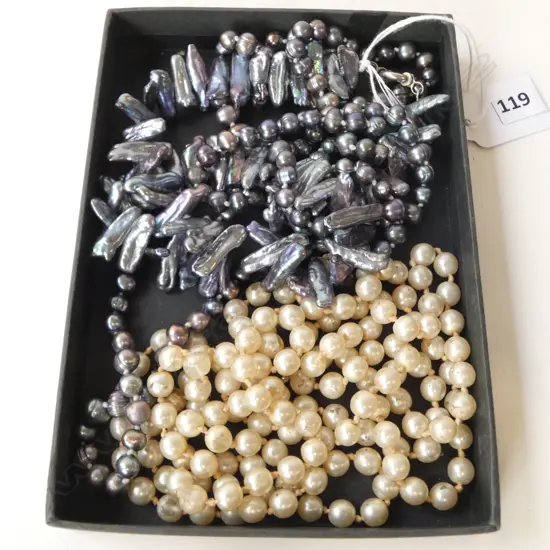 3  NECKLACES INCLD;  FAUX PEARL,STRING OPERA LENGTH BAROQUE GREY FRESHWATER PEARLS