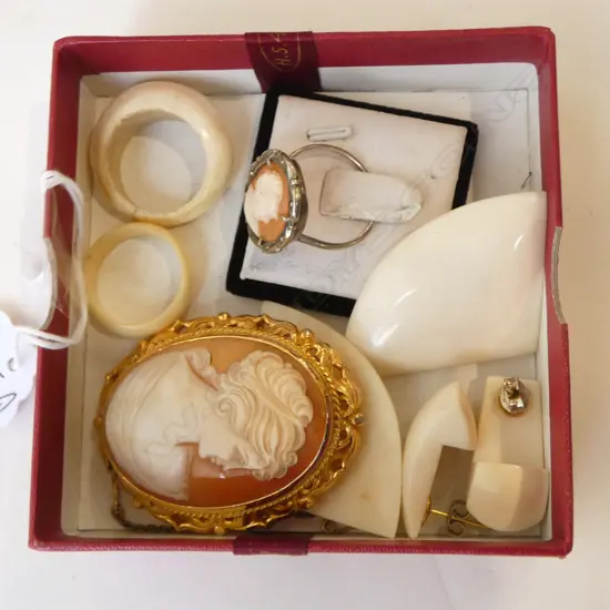 ROLLED GOLD CAMEO BROOCH, SILVER & MARCASITE CAMEO RING & IVORY RINGS/EARRINGS
