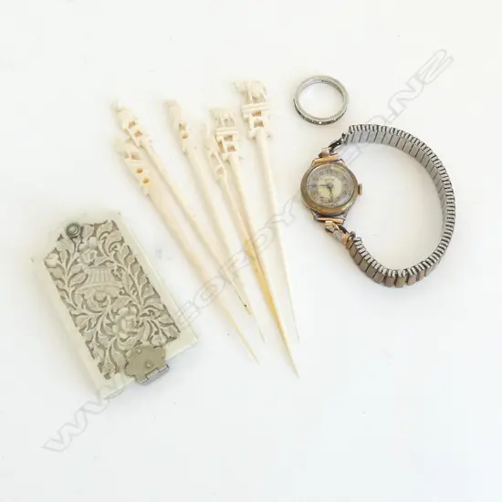 GP WATCH, STG RING, 6 IVORY COCKTAIL STICKS, DANCE CARD