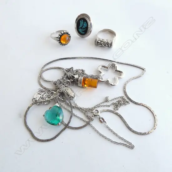 3 STG RINGS + 4 NECKLACES