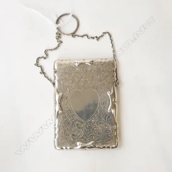EDWARDIAN QUALITY ENGRAVED CARD CASE W finger suspension. Vacant heart cartouche. Birmingham 1907. 70gms