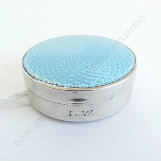 SILVER ART DECO POWDER COMPACT pale blue guilloche enamel lid mirror inside Birmingham 1938. 61gms